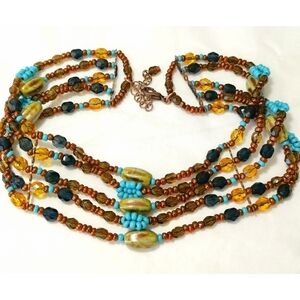 Czech Art Glass beaded choker necklace in turquoise and bronze brown tone